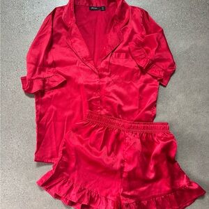 Nasty Gal Red Satin Ruffle Pajama Set Size 4